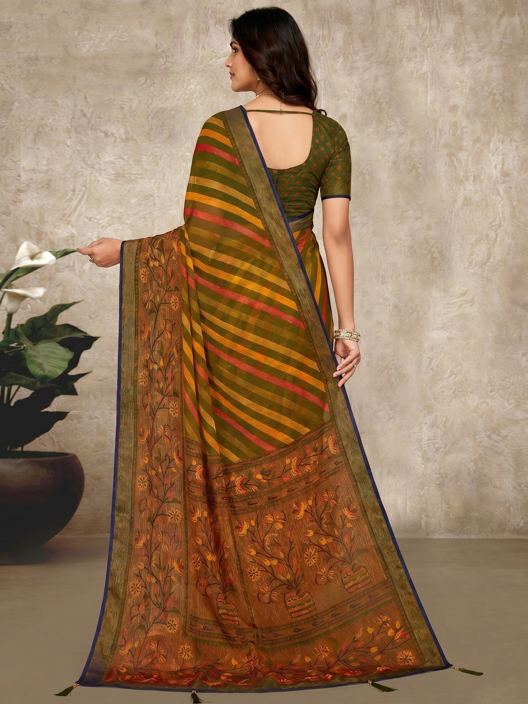Olive Green Printed Brasso Saree With Tassels - Image 1