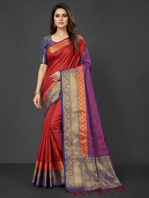 Red Woven Cotton Silk Saree - Image 1