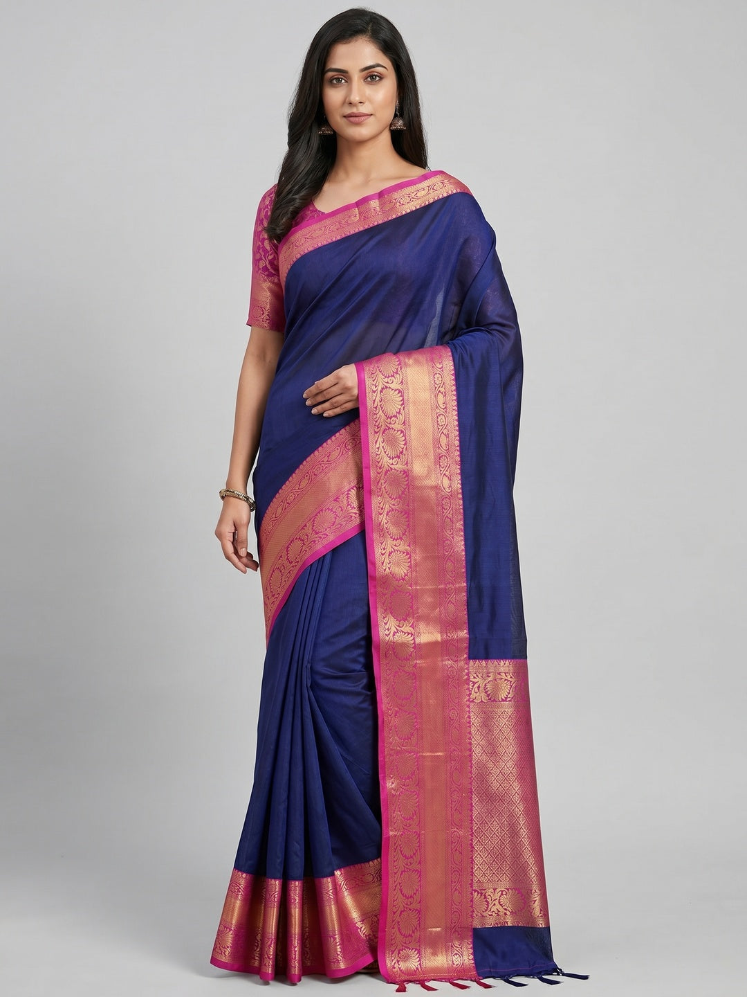 Navy Blue Woven Cotton Silk Saree - Image 1