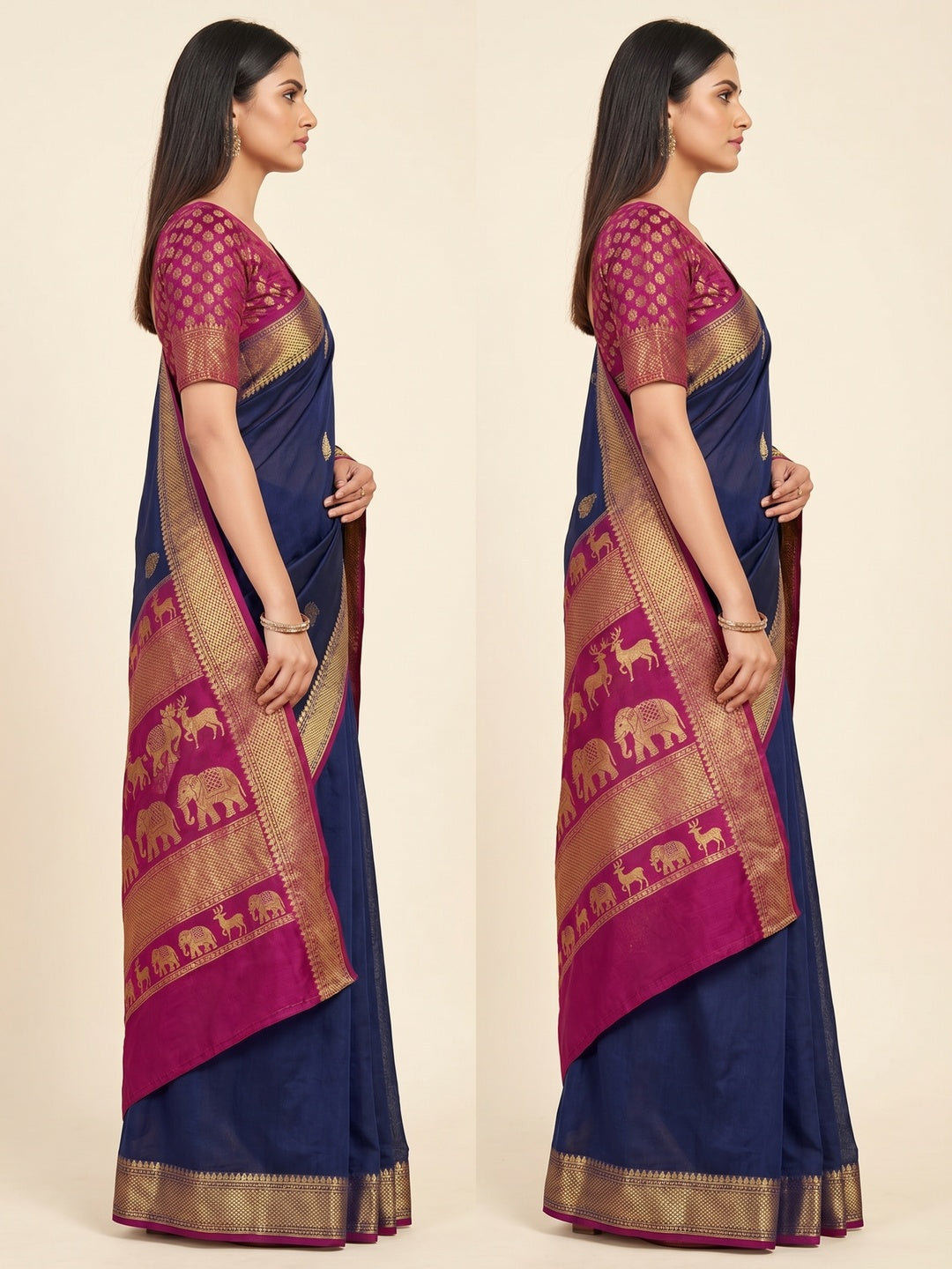 Navy Blue Woven Cotton Silk Saree - Image 2