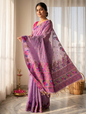 Elegant Purple Cotton Blend Saree with Traditional Peacock Woven Motifs - Image 1