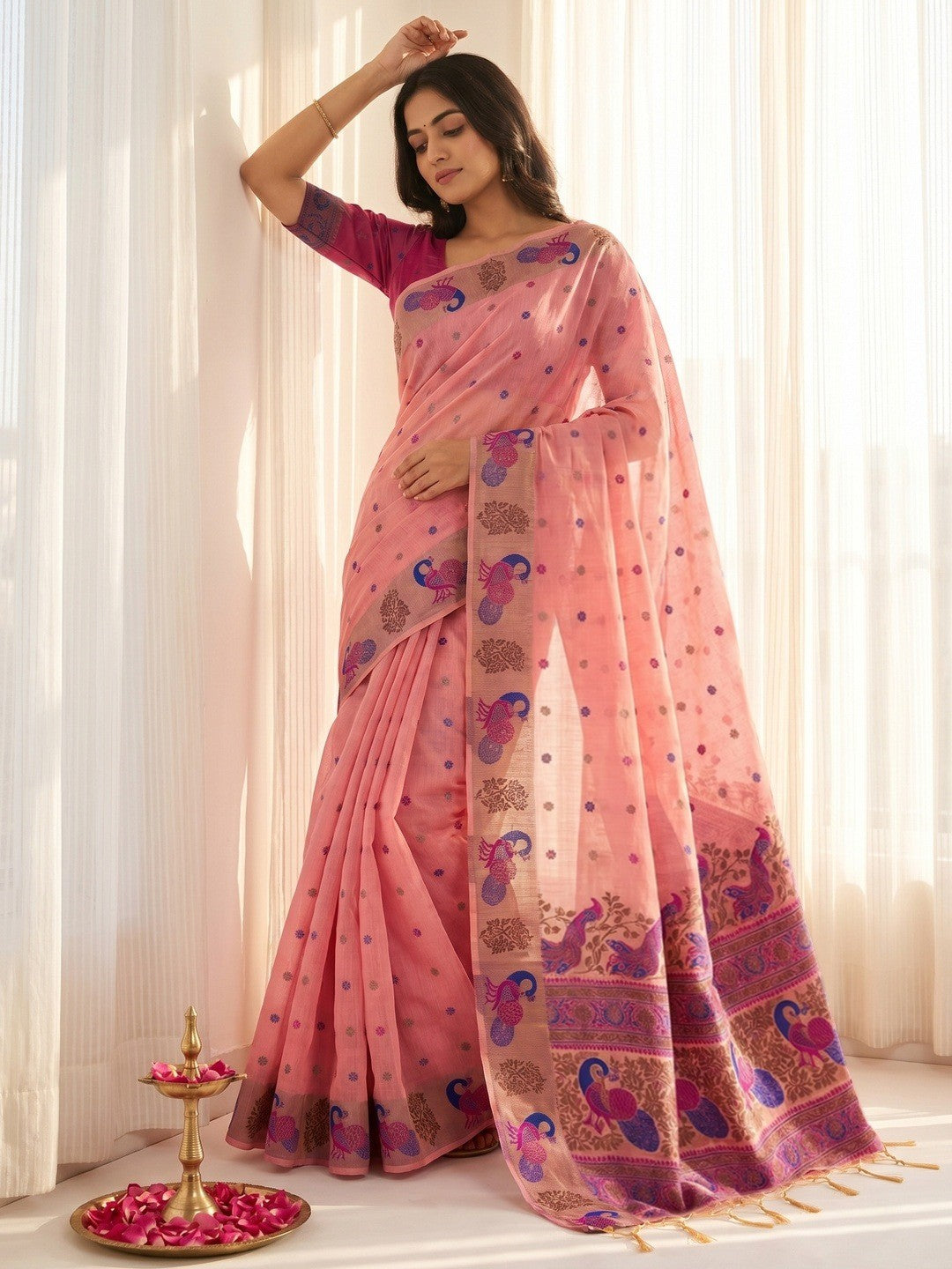 Elegant Pink Cotton Blend Saree with Traditional Peacock Woven Motifs - Image 1