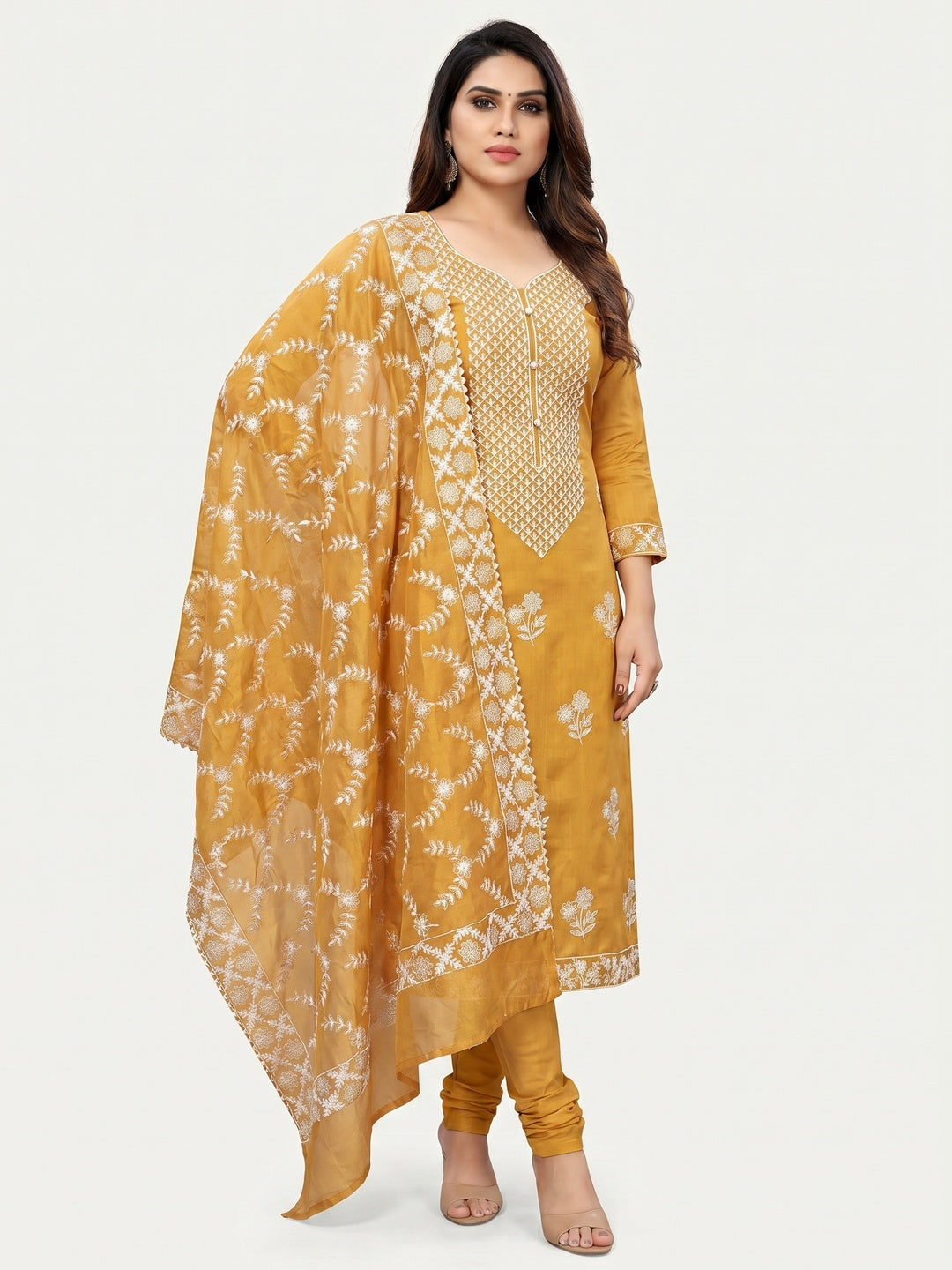 Energetic Yellow Colored Casual Wear Embroidered Chanderi Dress Material - Image 1