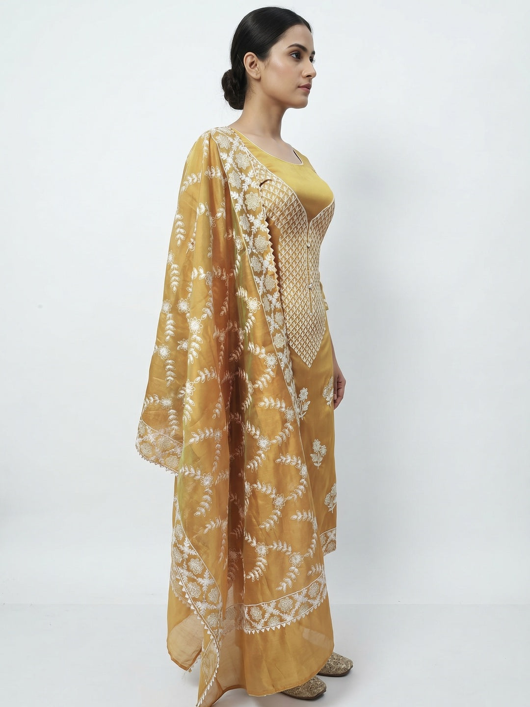 Energetic Yellow Colored Casual Wear Embroidered Chanderi Dress Material - Image 3
