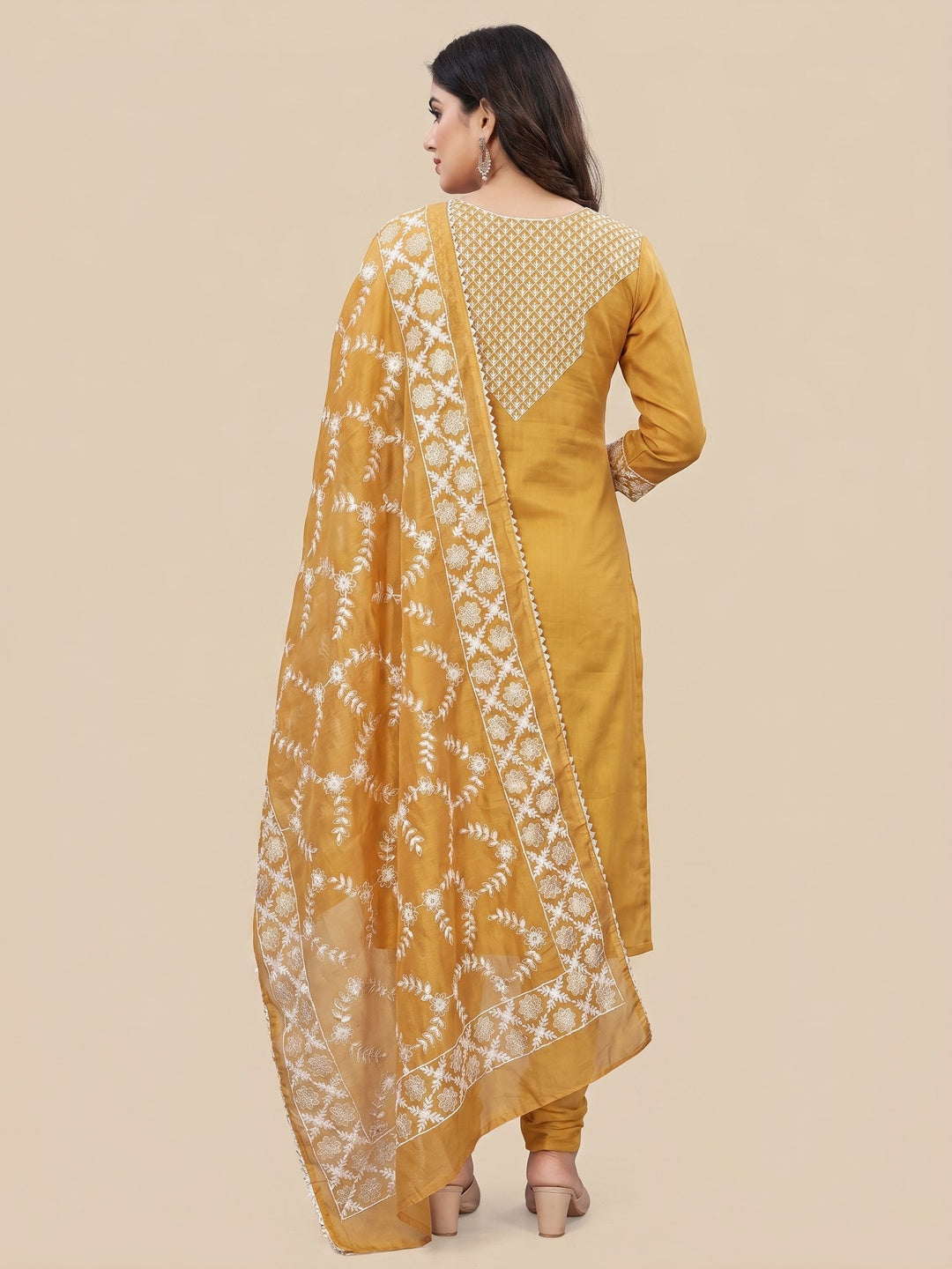 Energetic Yellow Colored Casual Wear Embroidered Chanderi Dress Material - Image 2