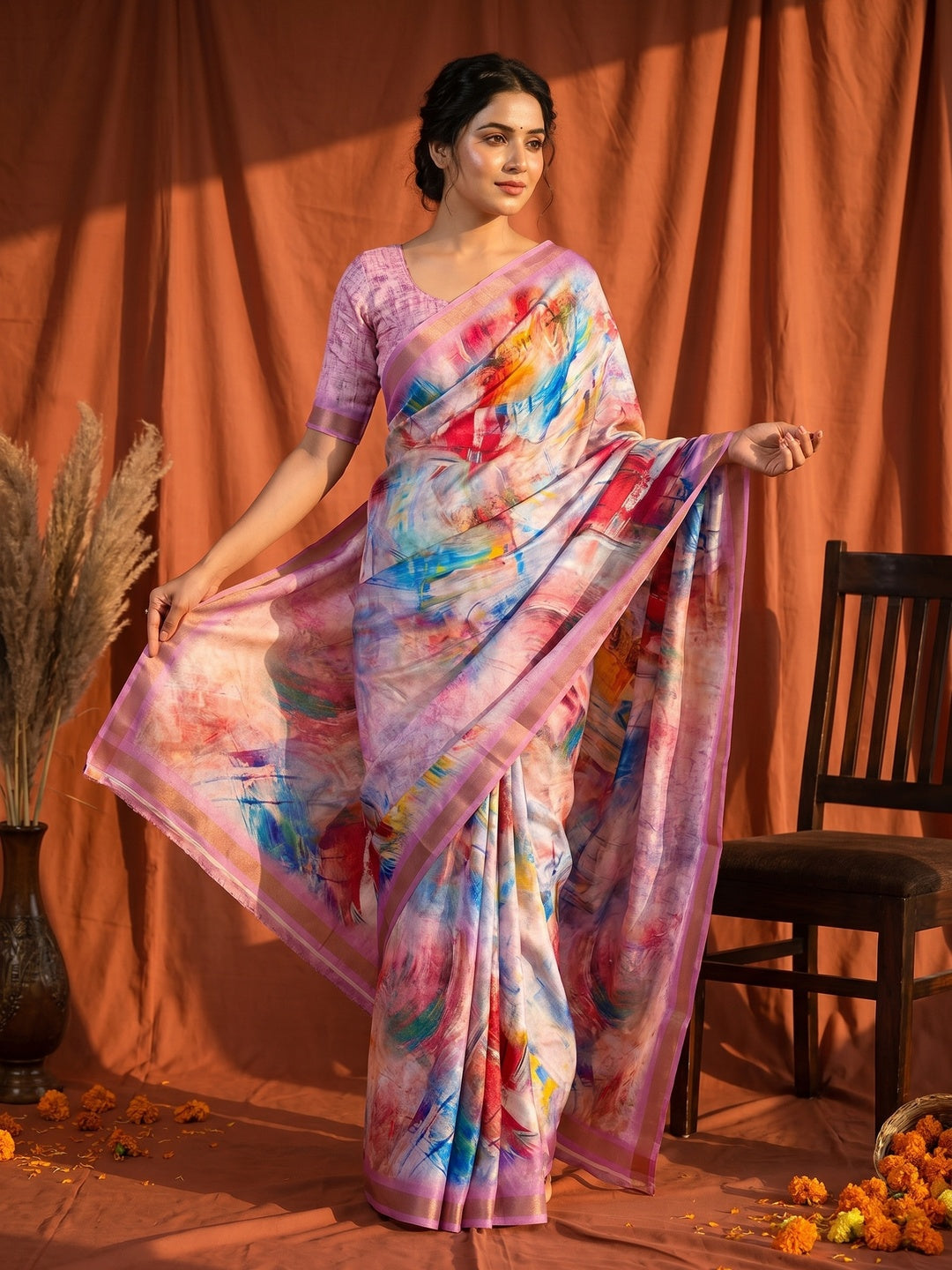 Multicolor Digital Print Dola Silk Saree with Zari Border - Image 1