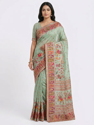Green Kalamkari Woven Chanderi Saree - Image 1