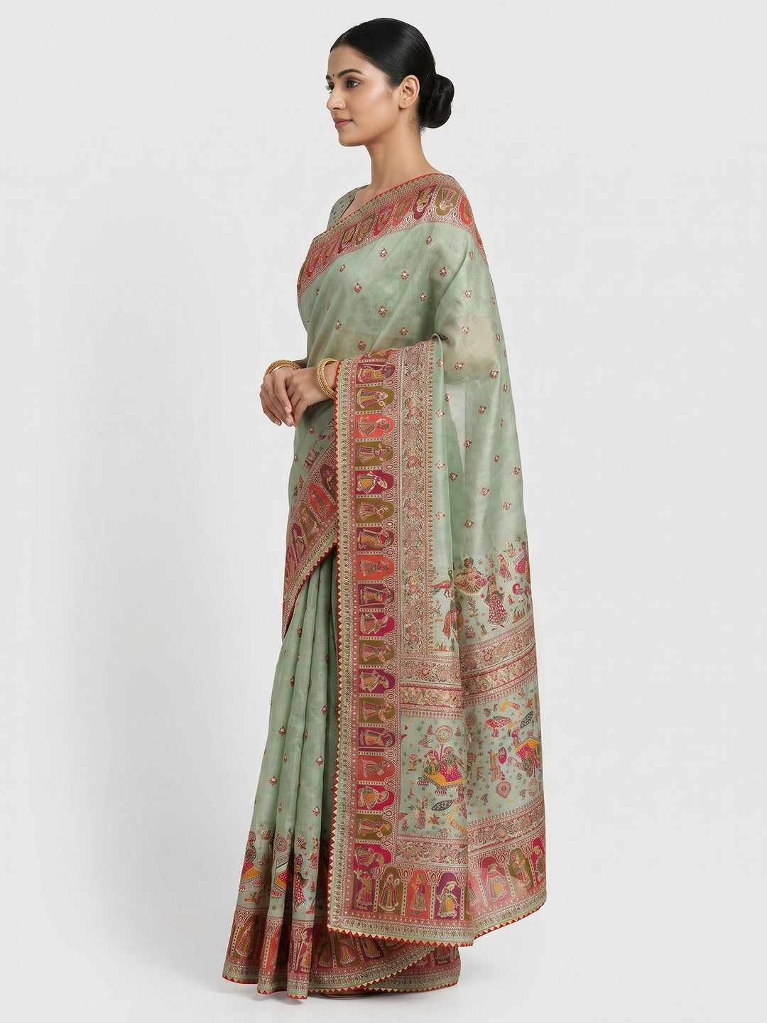 Green Kalamkari Woven Chanderi Saree - Image 2