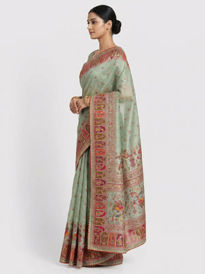 Green Kalamkari Woven Chanderi Saree - Image 2
