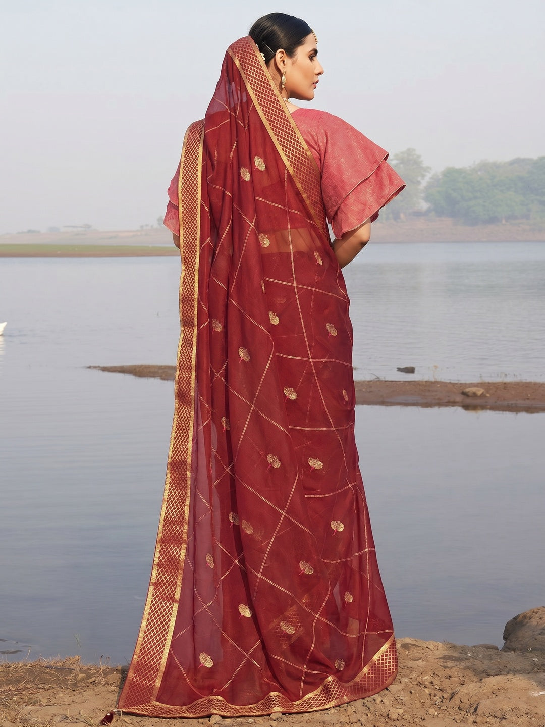 Maroon Woven Chiffon Saree - Image 1