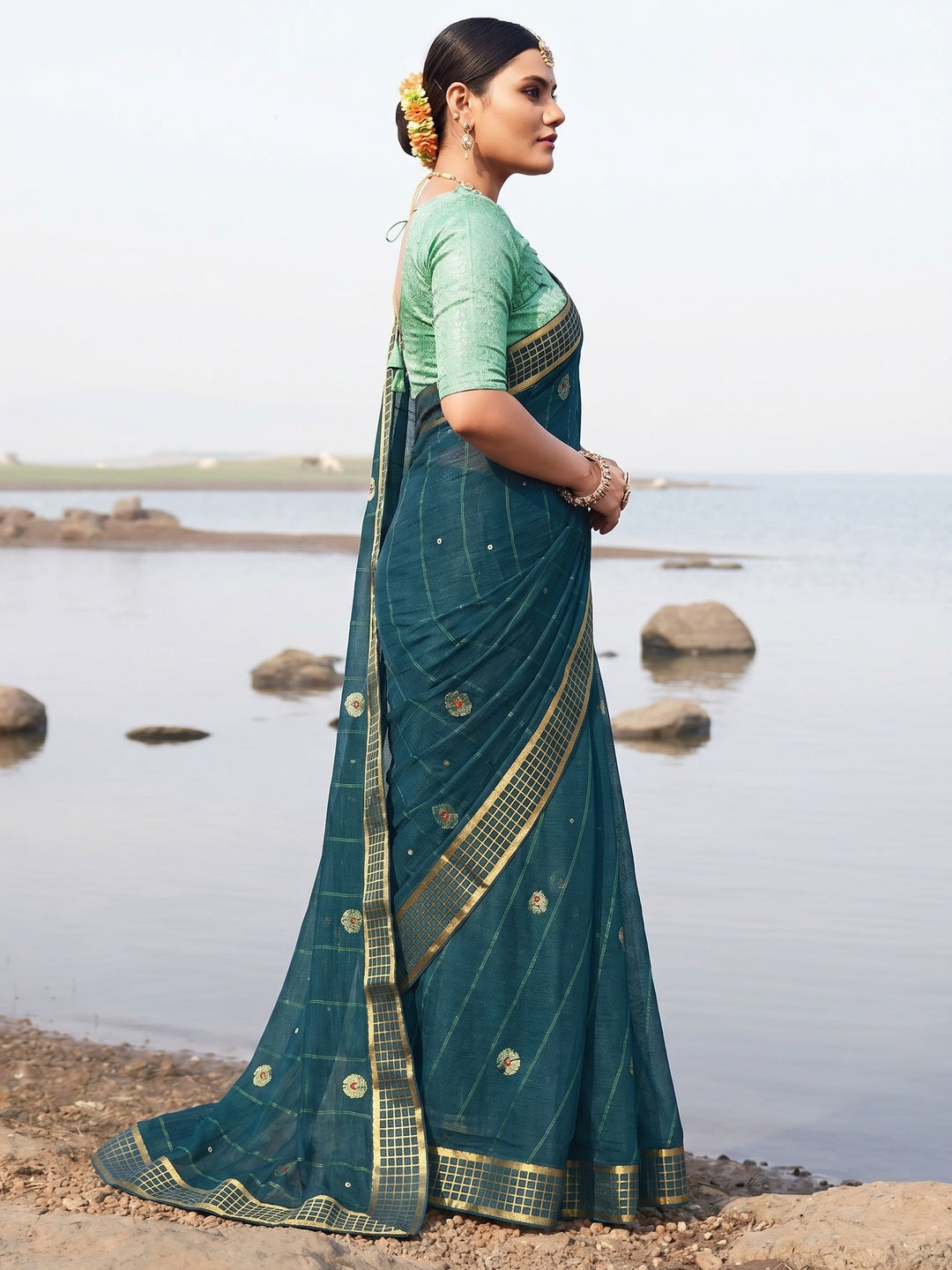 Blue Woven Chiffon Saree - Image 2