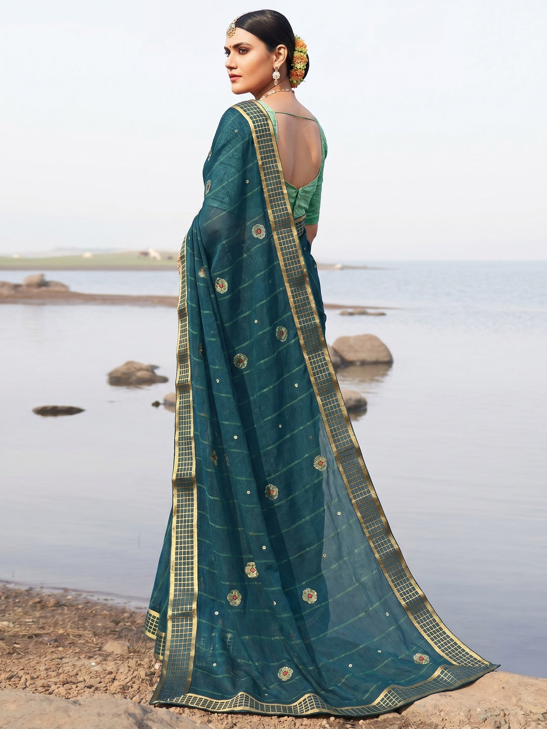 Blue Woven Chiffon Saree - Image 1