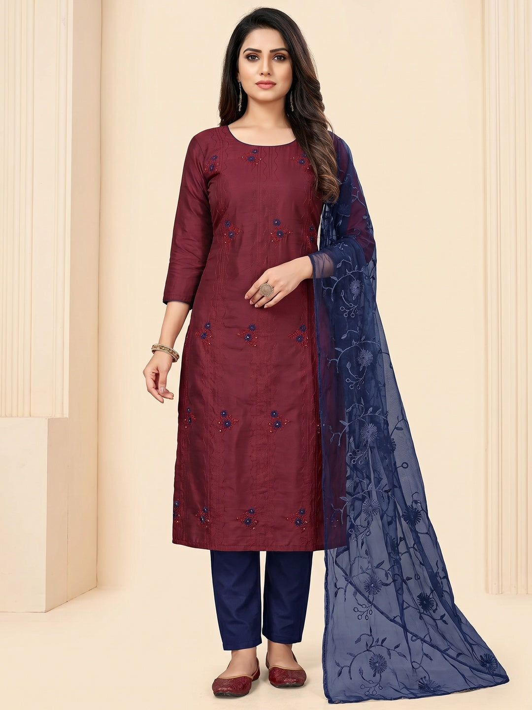 Maroon Floral Embroidered Art Silk Dress Material - Image 1