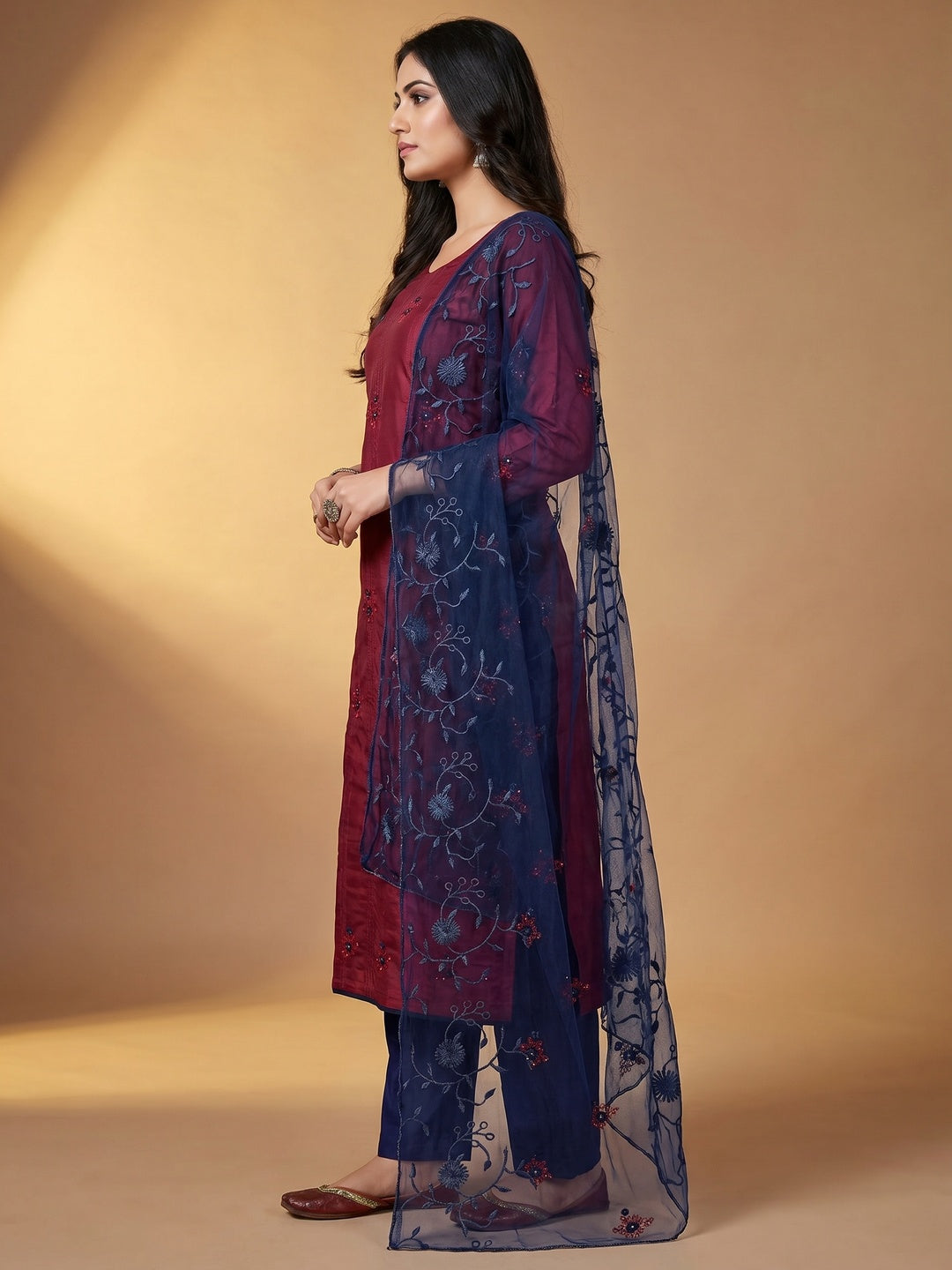 Maroon Floral Embroidered Art Silk Dress Material - Image 3