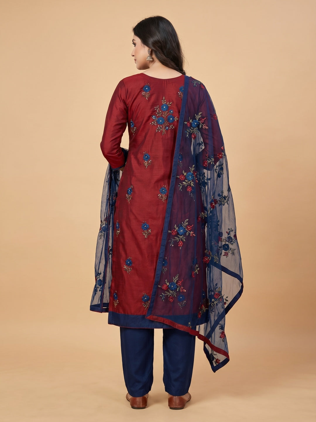 Maroon Floral Embroidered Art Silk Dress Material - Image 2