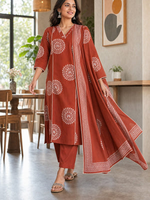 Rust Pure Cotton Printed Salwar Suit Set with Dupatta - Image 1