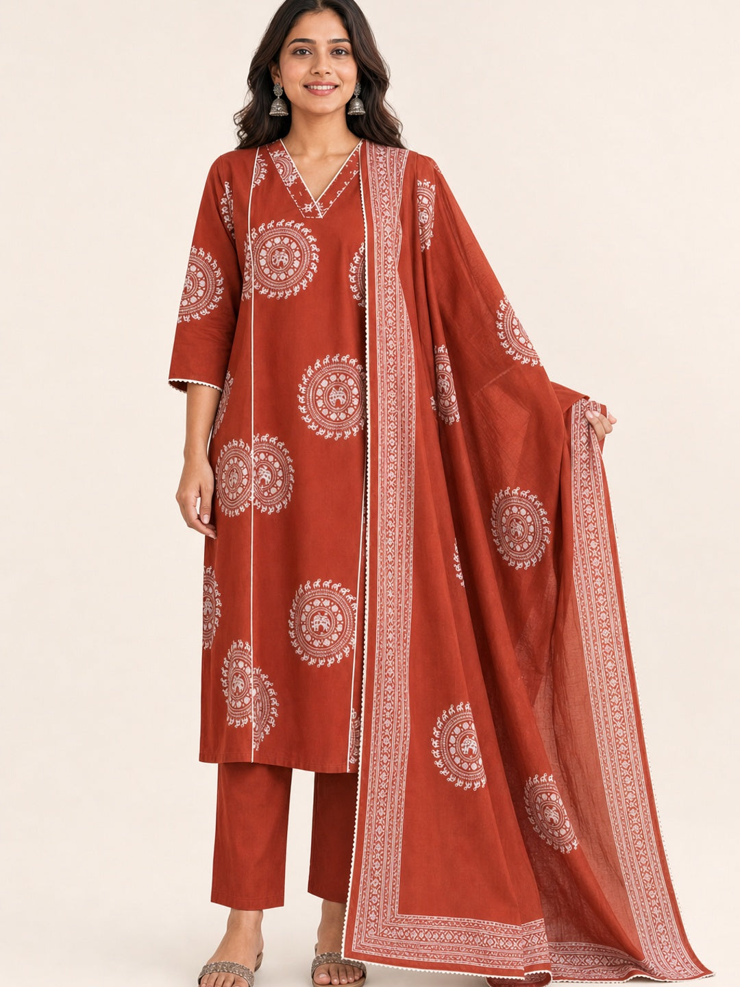 Rust Pure Cotton Printed Salwar Suit Set with Dupatta - Image 2