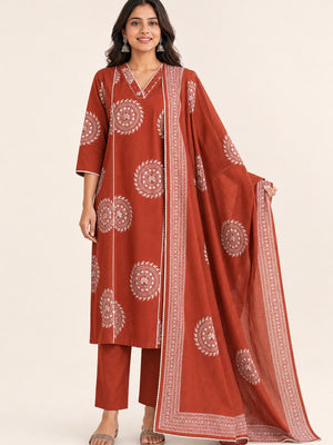 Rust Pure Cotton Printed Salwar Suit Set with Dupatta - Image 2