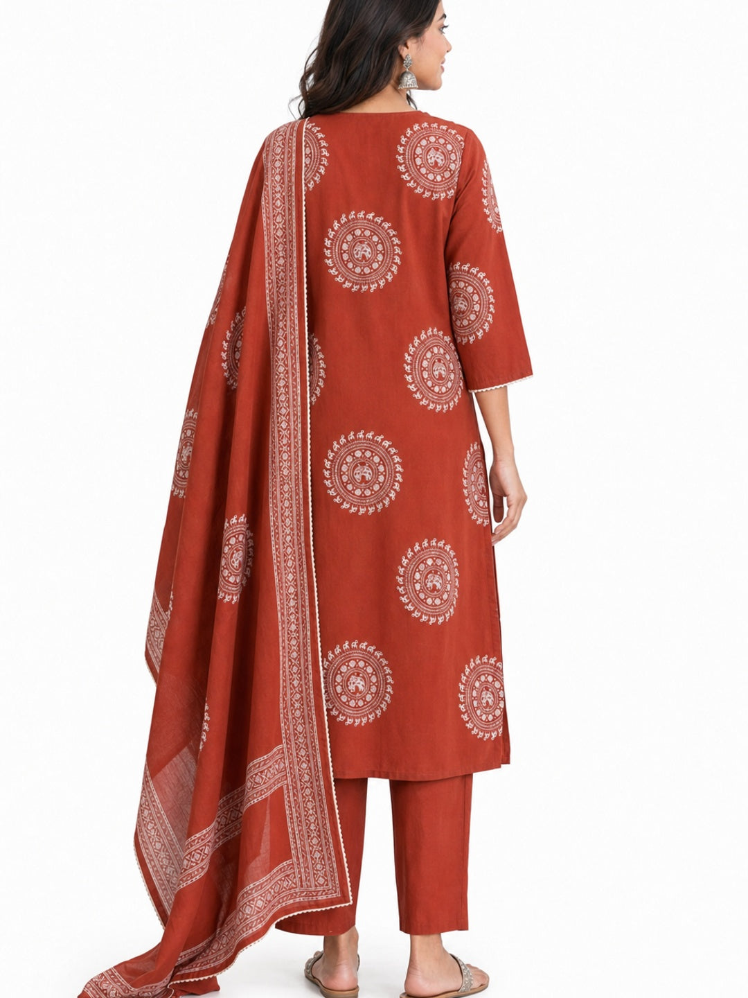 Rust Pure Cotton Printed Salwar Suit Set with Dupatta - Image 3