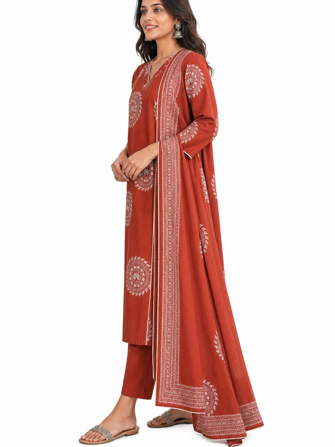 Rust Pure Cotton Printed Salwar Suit Set with Dupatta - Image 4