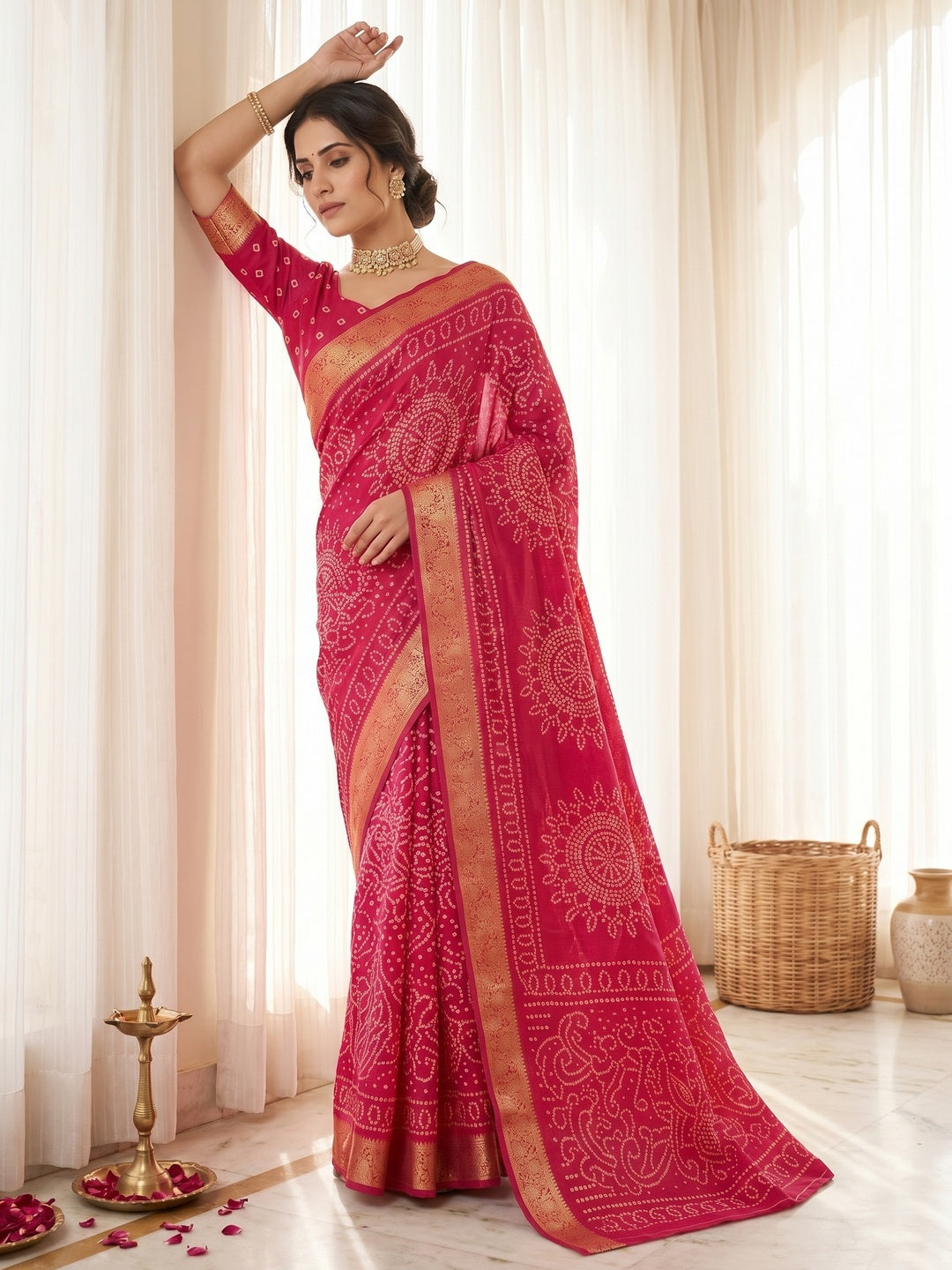 Peachmode Pink Dola Silk Saree with Bandhani print and zari border - Image 1