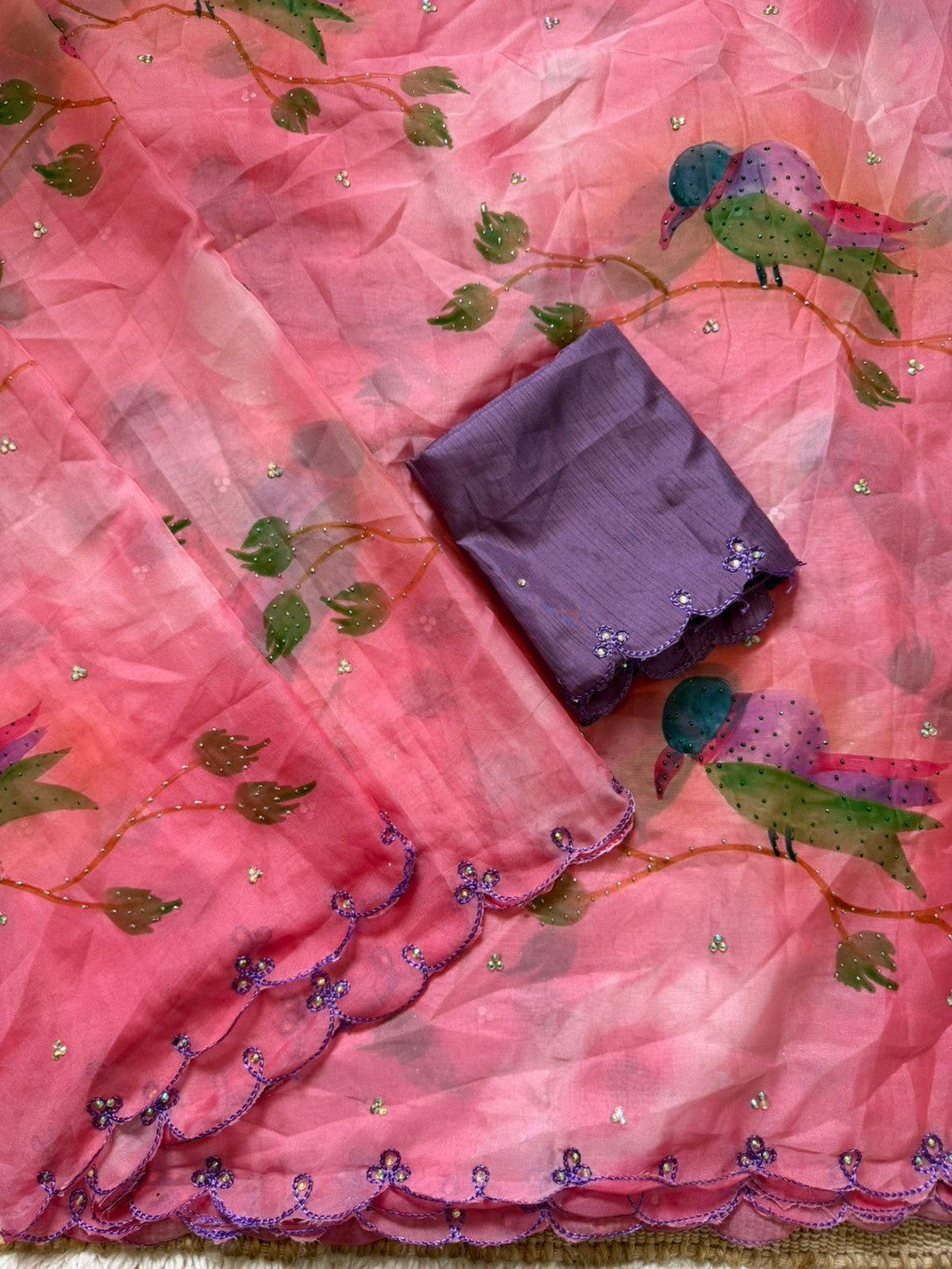 Elegant Pink Organza Saree with Bird Print and Scalloped Border - Image 3