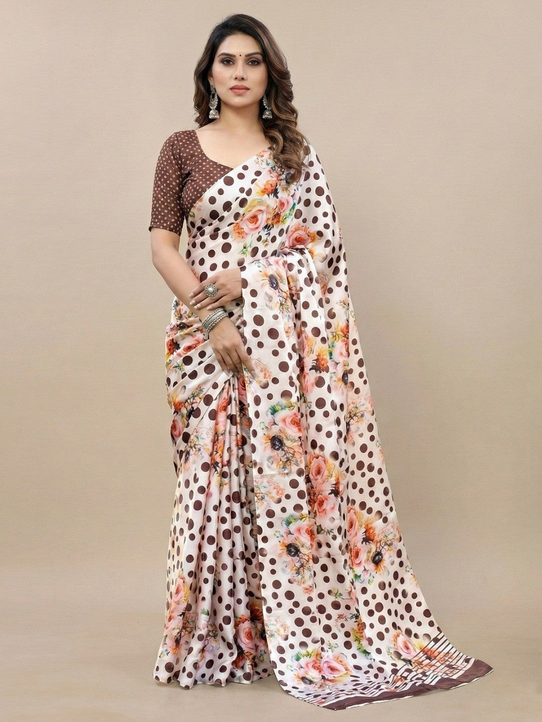 Elegant Brown & White Floral Bloom With Polka Dot Print Silk Crepe Saree - Image 1