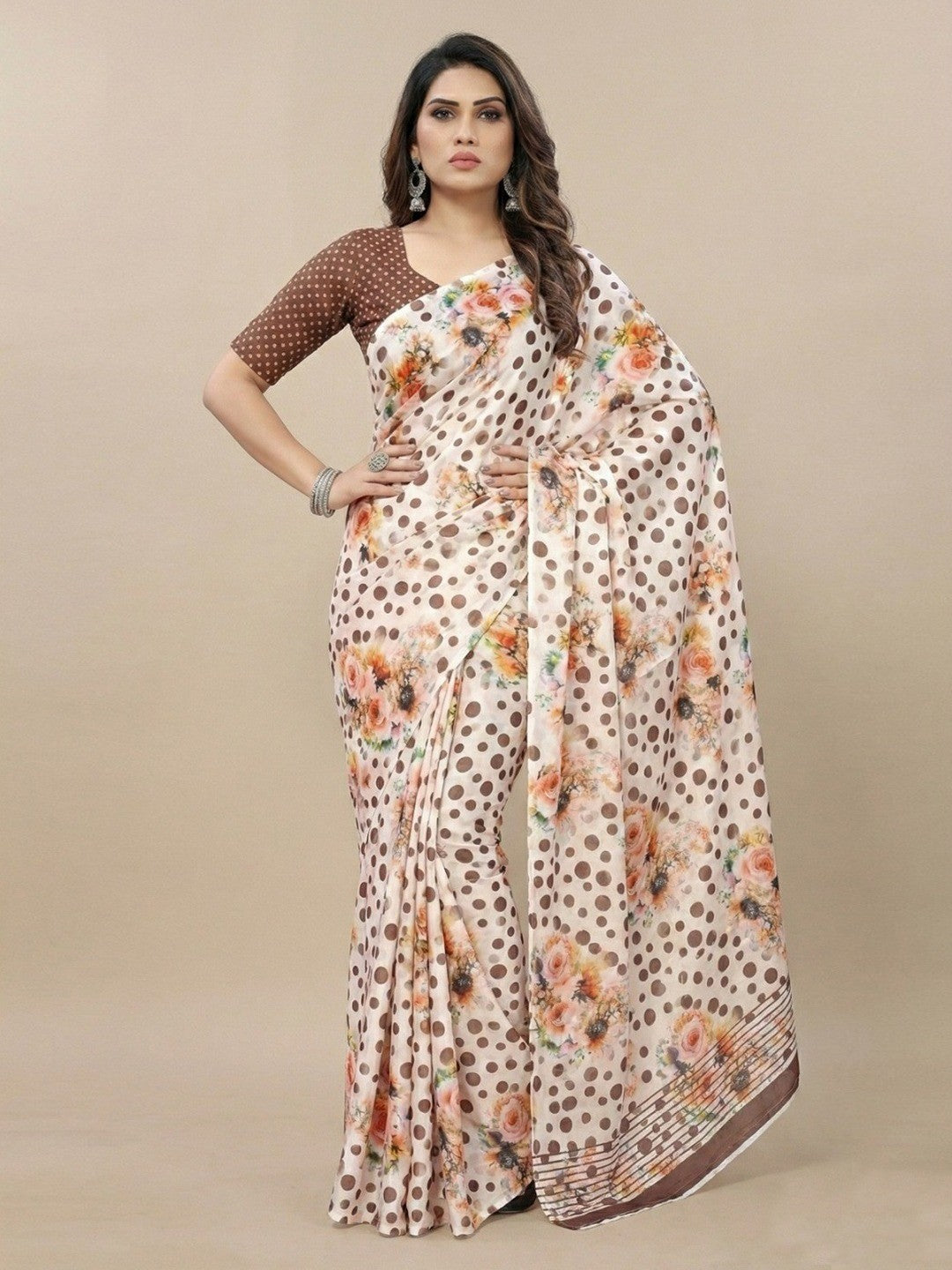Elegant Brown & White Floral Bloom With Polka Dot Print Silk Crepe Saree - Image 2