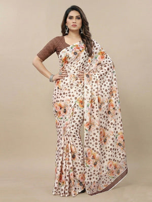Elegant Brown & White Floral Bloom With Polka Dot Print Silk Crepe Saree - Image 2