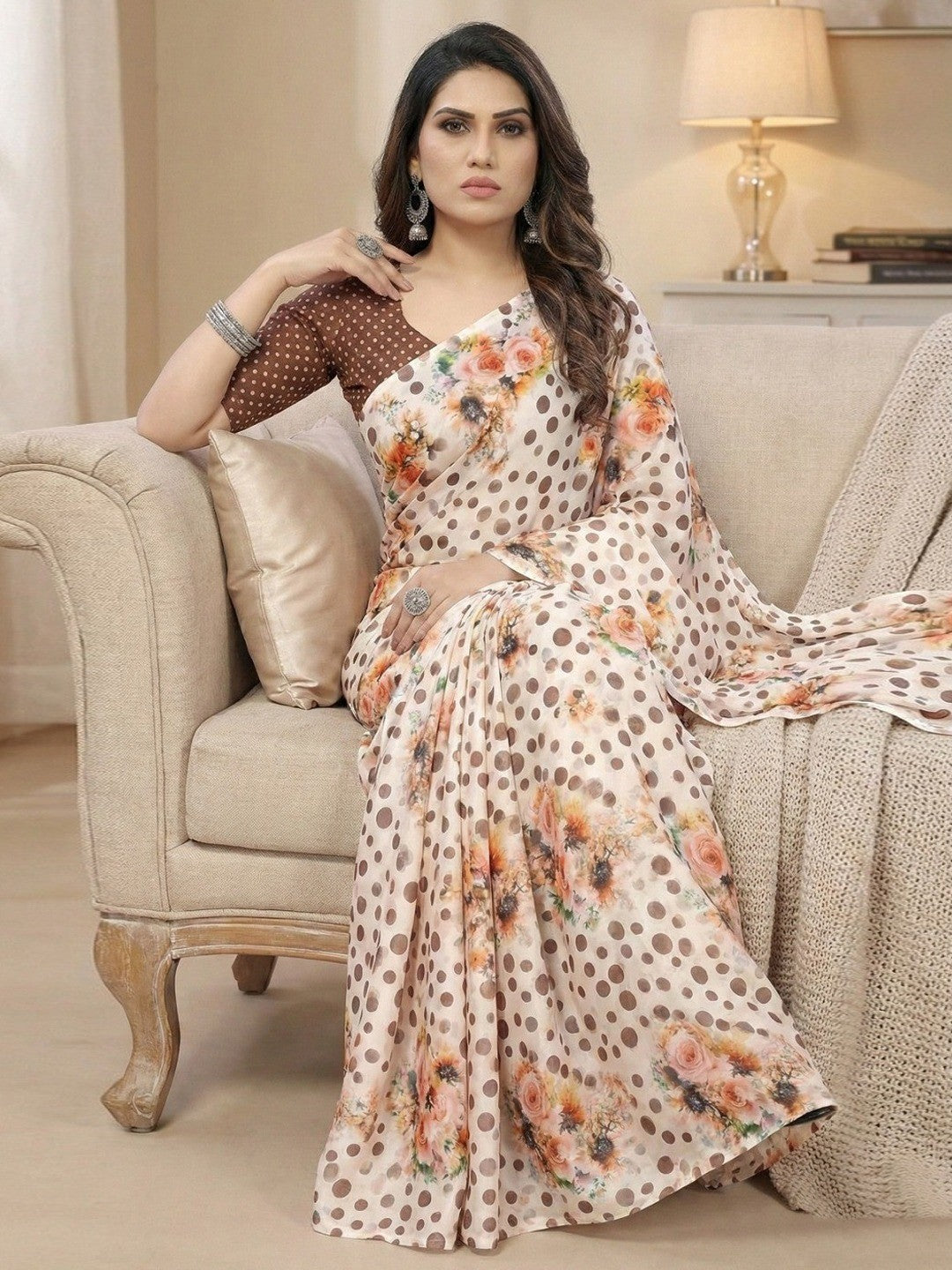 Elegant Brown & White Floral Bloom With Polka Dot Print Silk Crepe Saree - Image 6