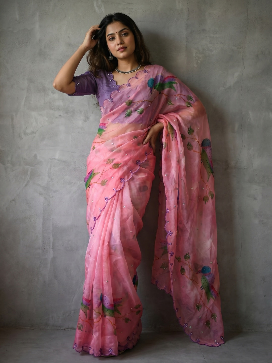 Elegant Pink Organza Saree with Bird Print and Scalloped Border - Image 1