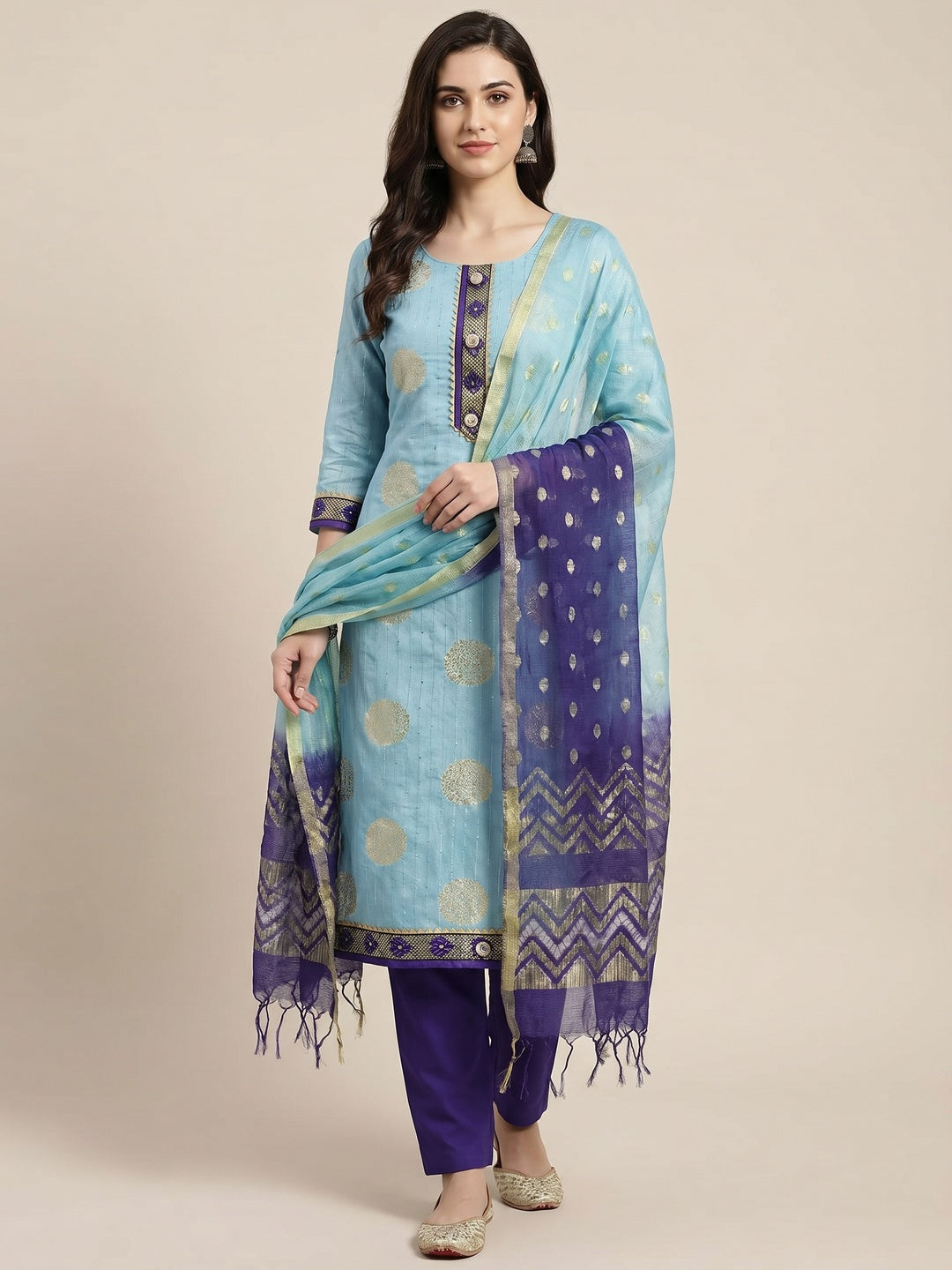 Sky Blue Woven Jacquard Dress Material - Image 1