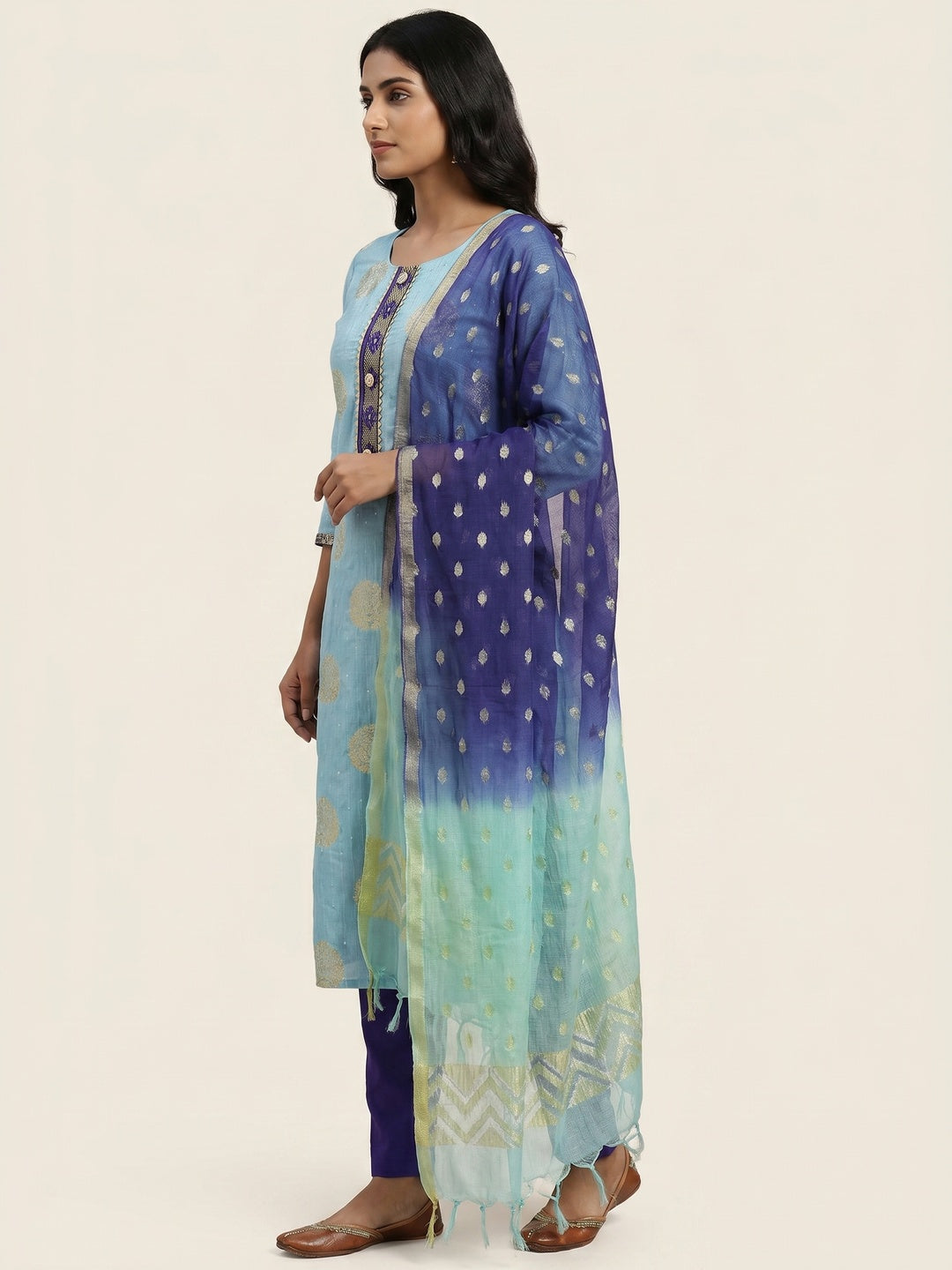 Sky Blue Woven Jacquard Dress Material - Image 2