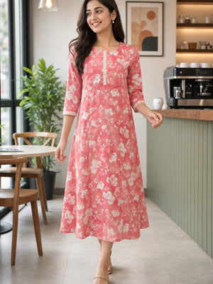 Pink Floral Printed Pure Cotton A-Line Kurti - Image 1