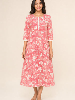 Pink Floral Printed Pure Cotton A-Line Kurti - Image 2