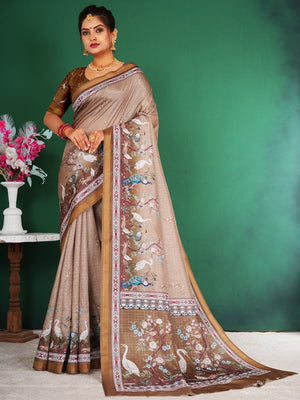 Majestic Brown Floral Saree With Peacock & Crane Digital Printed Artwork On Dola Silk - Image 1