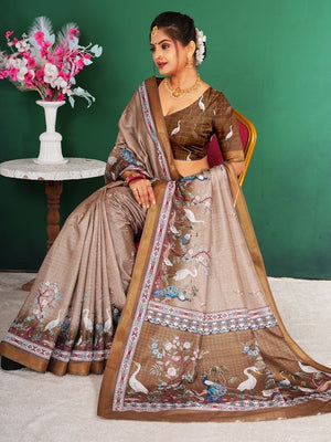 Majestic Brown Floral Saree With Peacock & Crane Digital Printed Artwork On Dola Silk - Image 2