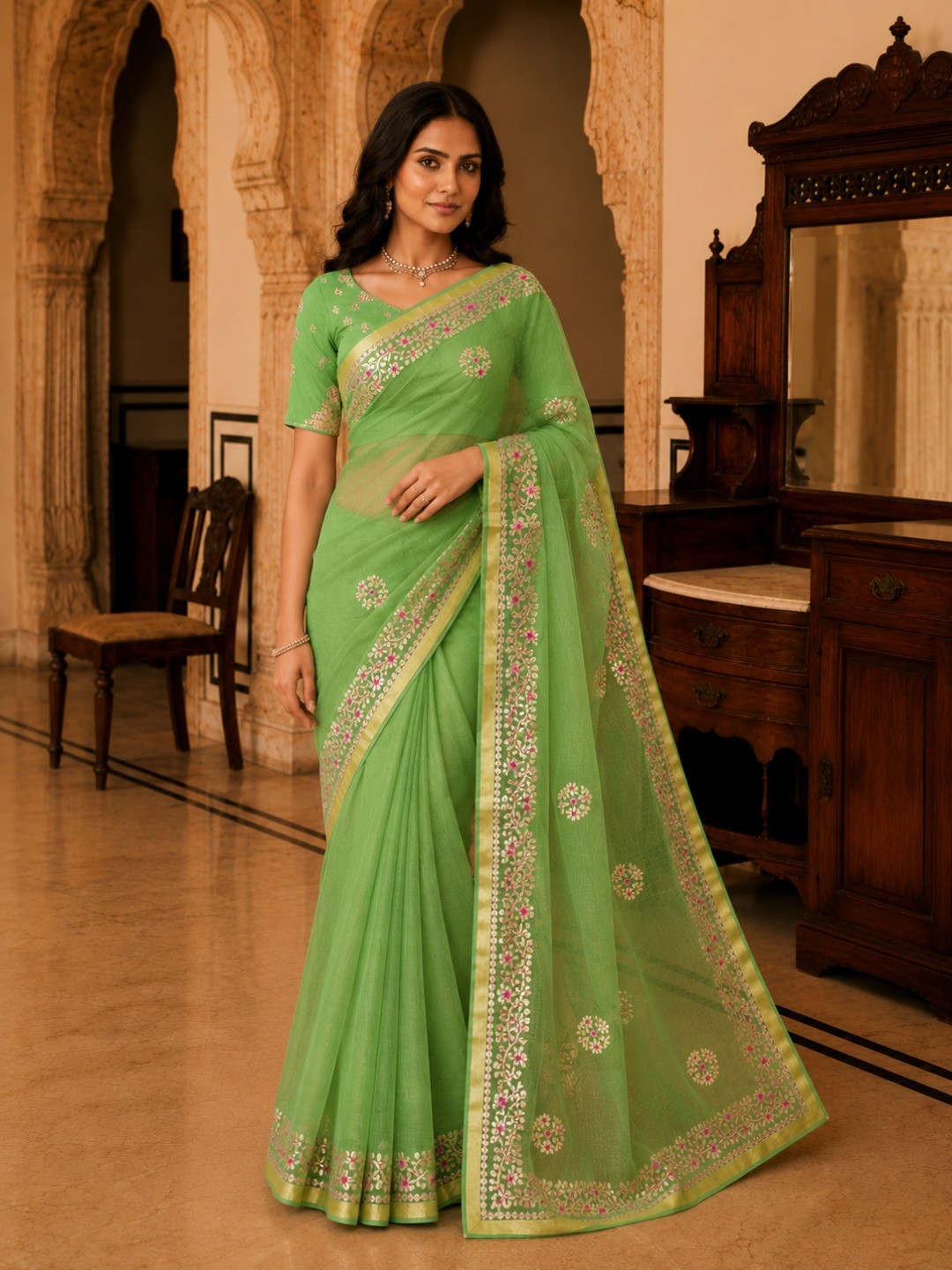 Graceful Green Kota Doria Saree With Delicate Floral Gota Patti & Zari Border - Image 1