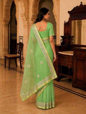 Graceful Green Kota Doria Saree With Delicate Floral Gota Patti & Zari Border - Image 2