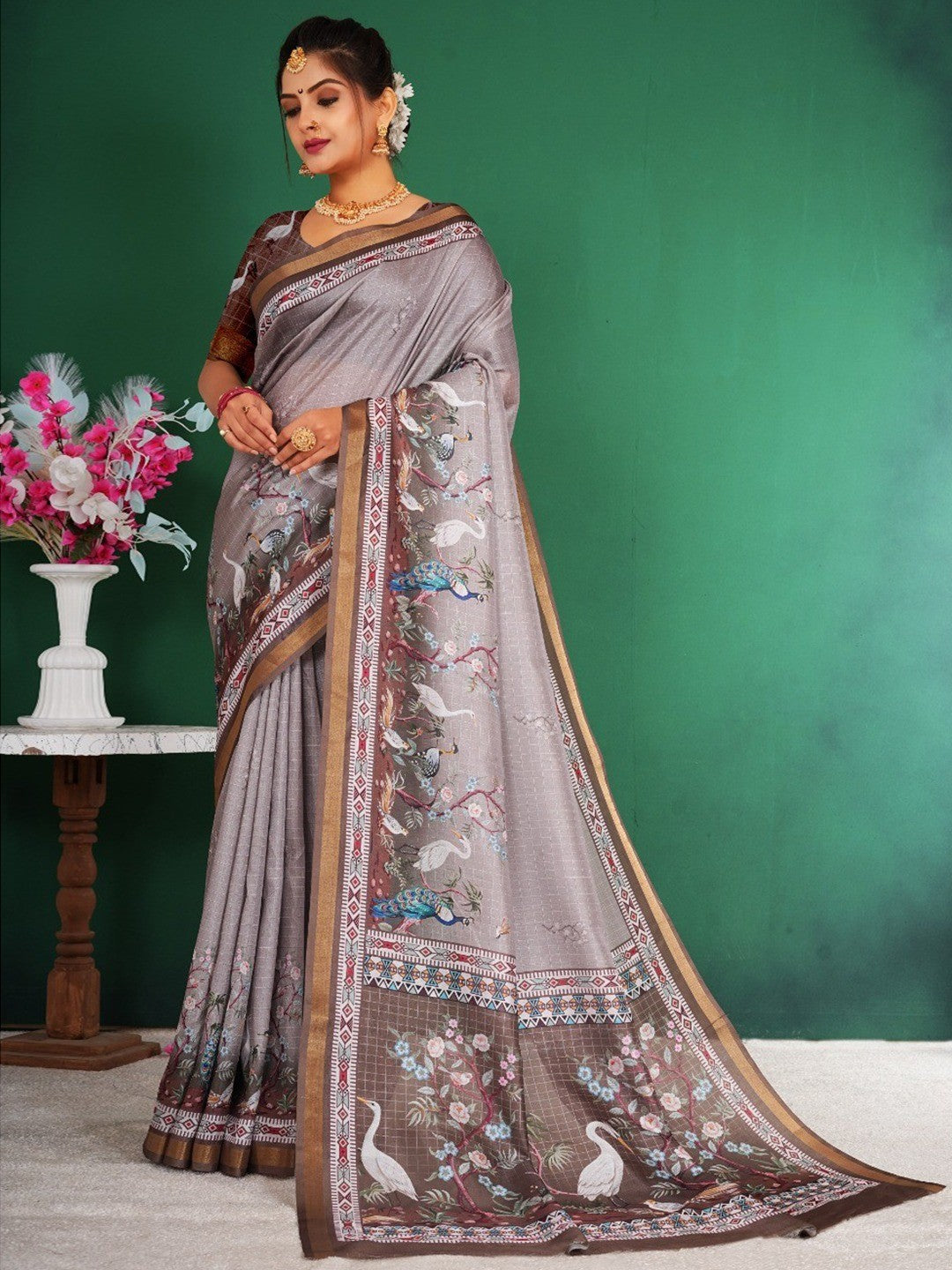 Majestic Grey Floral Saree With Peacock & Crane Digital Printed Artwork On Dola Silk - Image 1