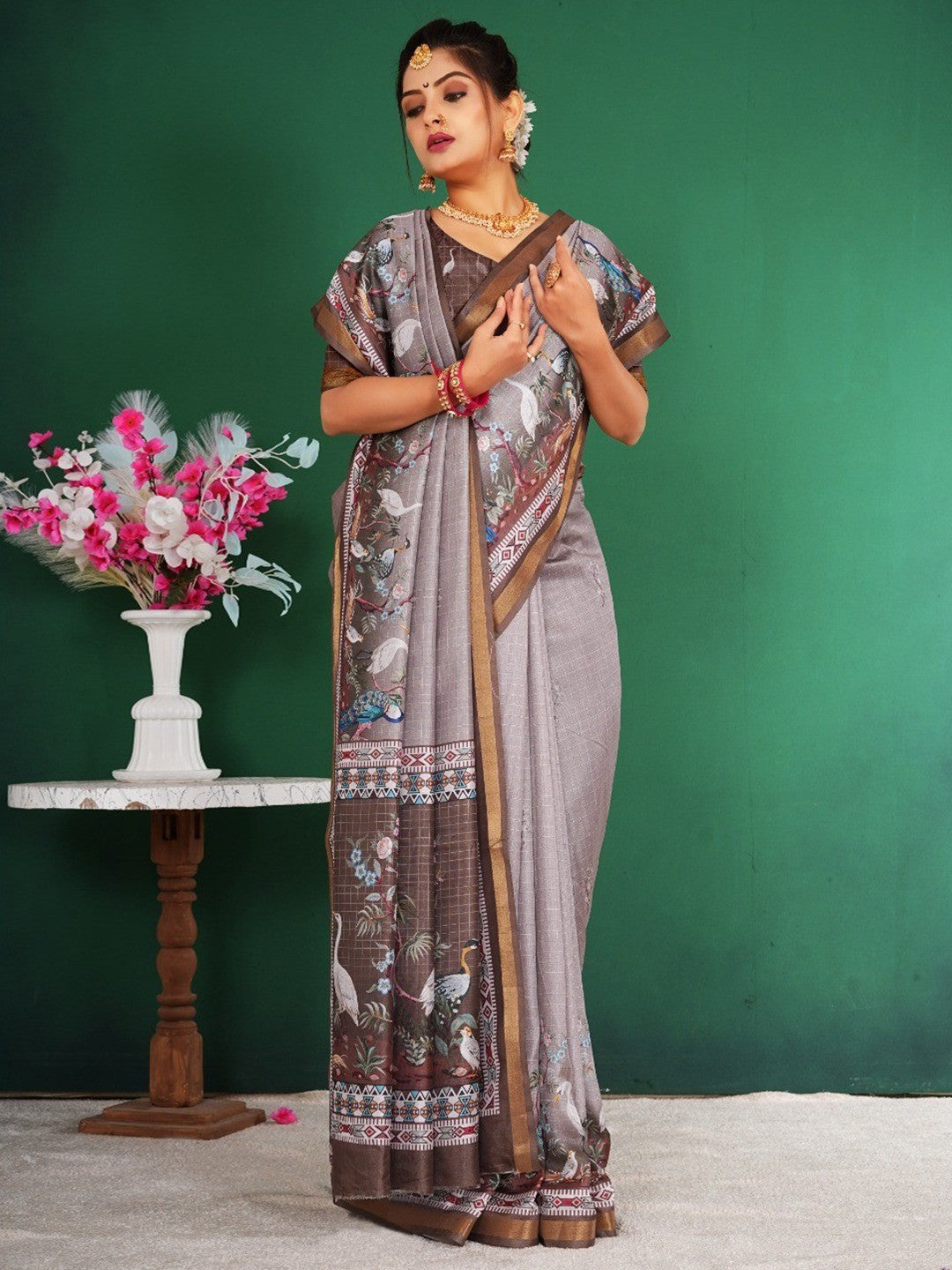 Majestic Grey Floral Saree With Peacock & Crane Digital Printed Artwork On Dola Silk - Image 2