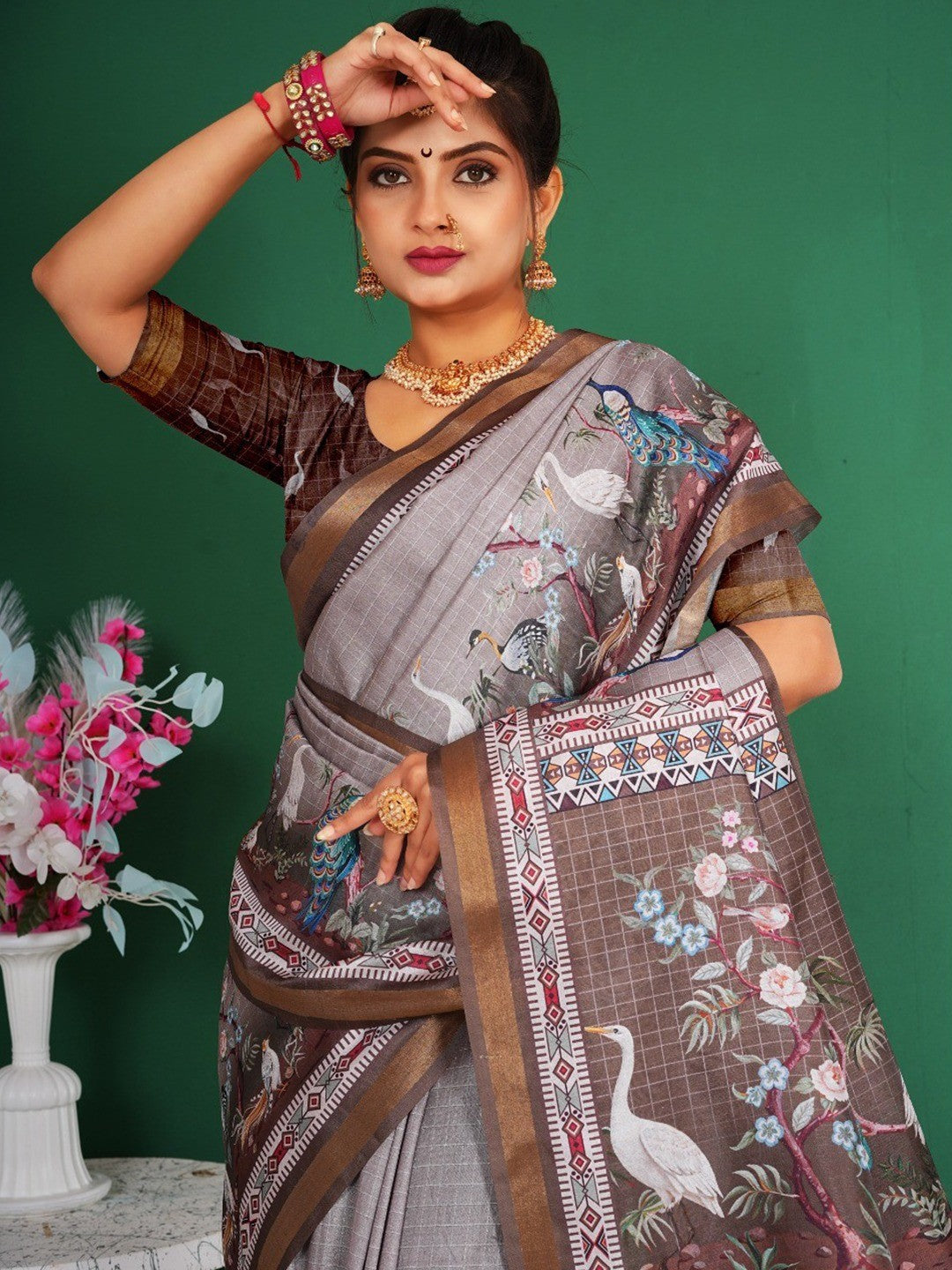 Majestic Grey Floral Saree With Peacock & Crane Digital Printed Artwork On Dola Silk - Image 3