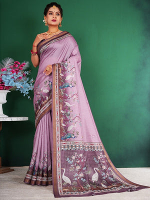Majestic Lavender Floral Saree With Peacock & Crane Digital Printed Artwork On Dola Silk - Image 1
