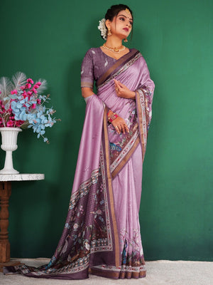 Majestic Lavender Floral Saree With Peacock & Crane Digital Printed Artwork On Dola Silk - Image 2