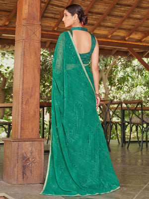 Green Printed With Sequins Embroidered Border Georgette Saree - Image 1