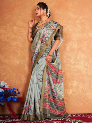 Traditional Sage Green Elephant & Floral Heritage Digital Printed Dola Silk Saree With Zari Border - Image 2