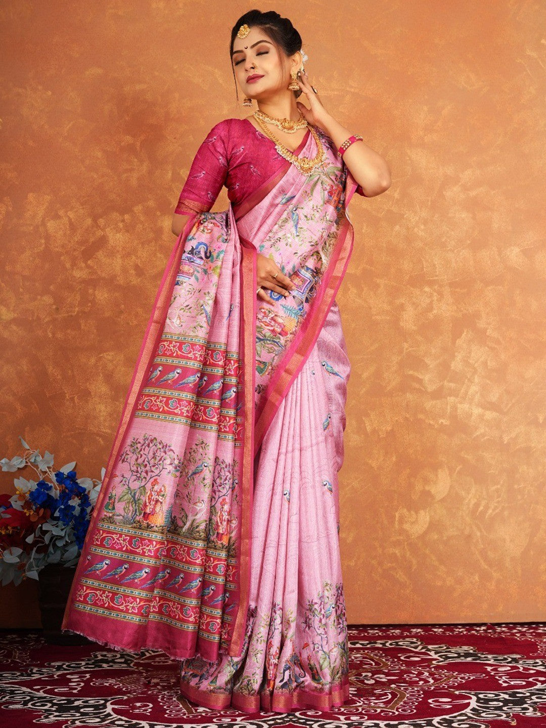 Traditional Pink Elephant & Floral Heritage Digital Printed Dola Silk Saree With Zari Border - Image 2
