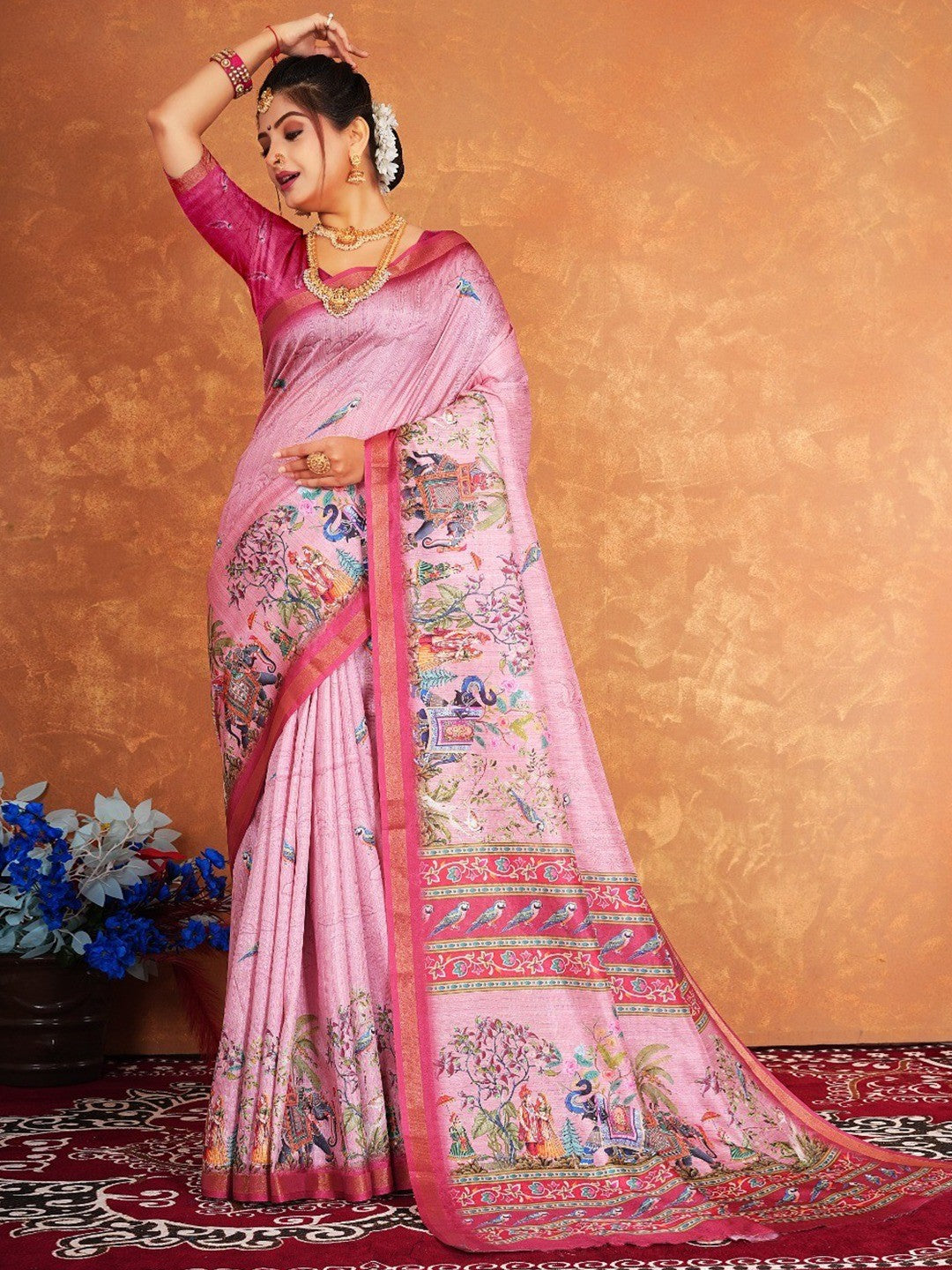 Traditional Pink Elephant & Floral Heritage Digital Printed Dola Silk Saree With Zari Border - Image 3