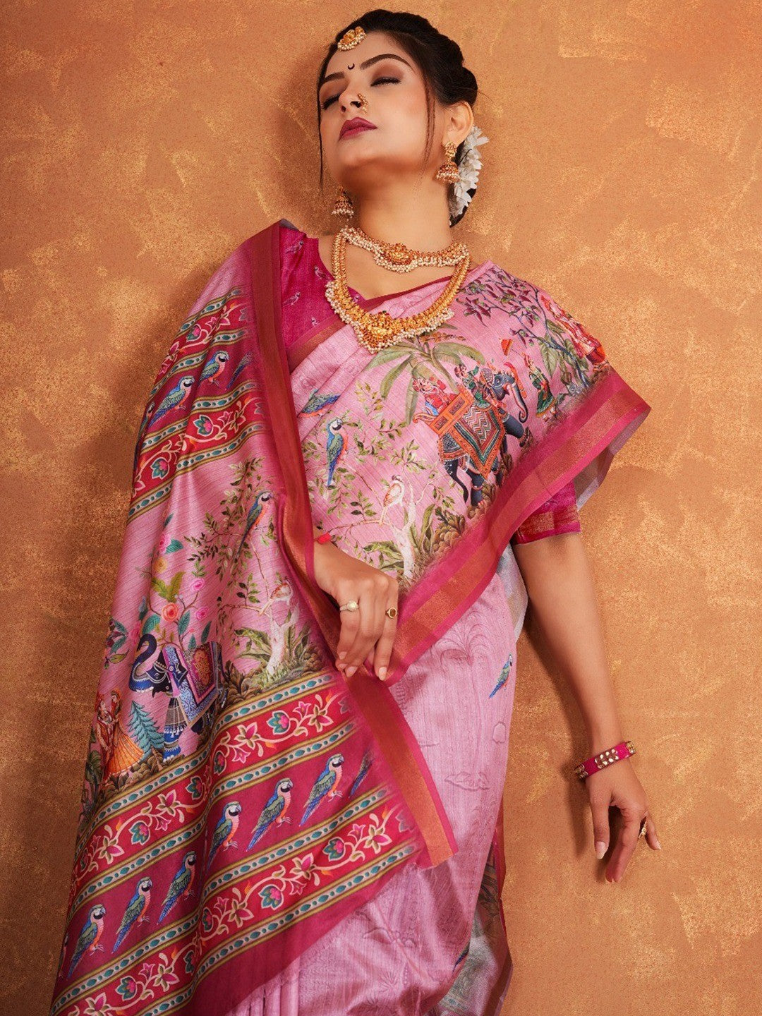Traditional Pink Elephant & Floral Heritage Digital Printed Dola Silk Saree With Zari Border - Image 4
