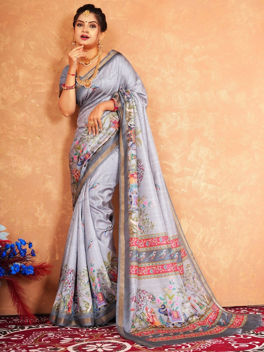 Traditional Grey Elephant & Floral Heritage Digital Printed Dola Silk Saree With Zari Border - Image 1
